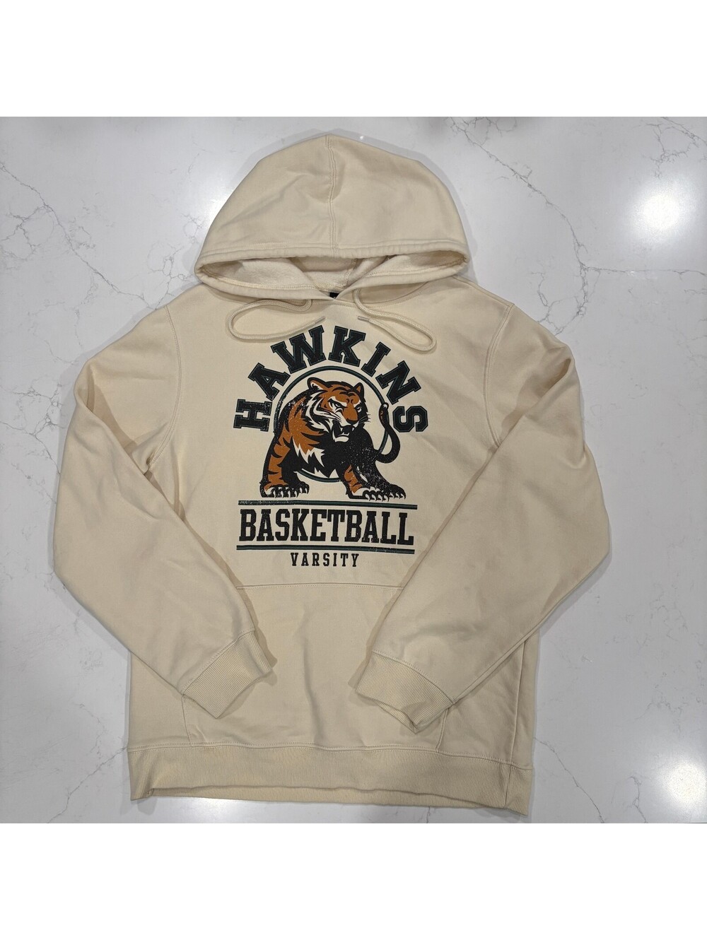 Stranger Things Hawkins Basketball Varsity Hoodie Tiger Cream Adult Medium